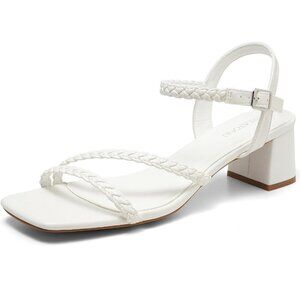 🆕Women's White Sandals 1.97 inch Low Chunky Block Heels Square Open Toe w Strap